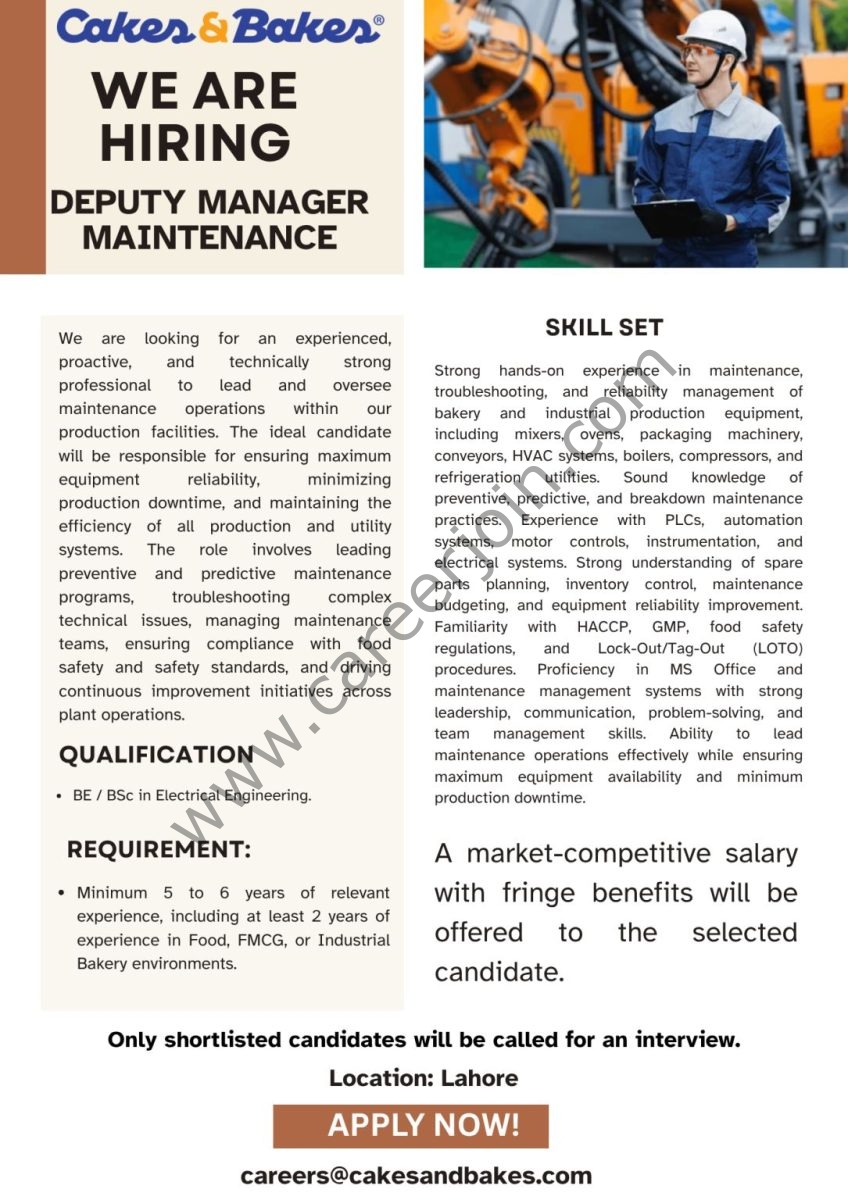 Cakes & Bakes Pakistan Jobs Deputy Manager Maintenance 1
