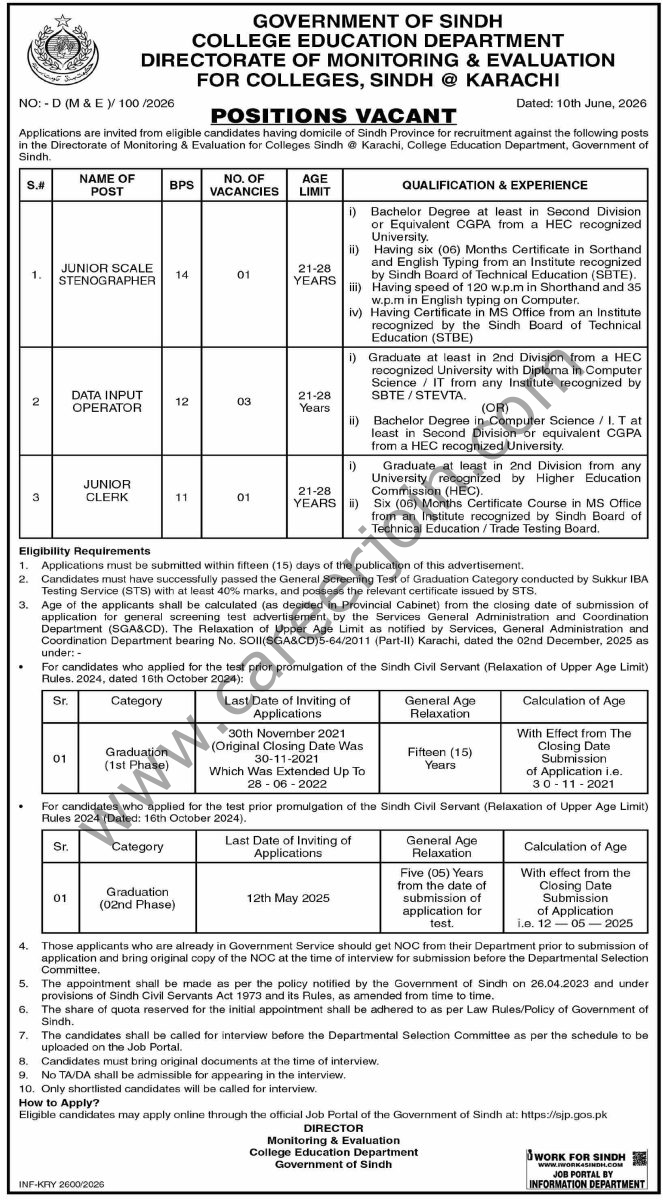College Education Department Sindh Jobs 23 June 2026 Dawn 1