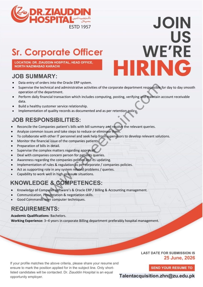 Dr Ziauddin Hospital Jobs Senior Corporate Officer 1