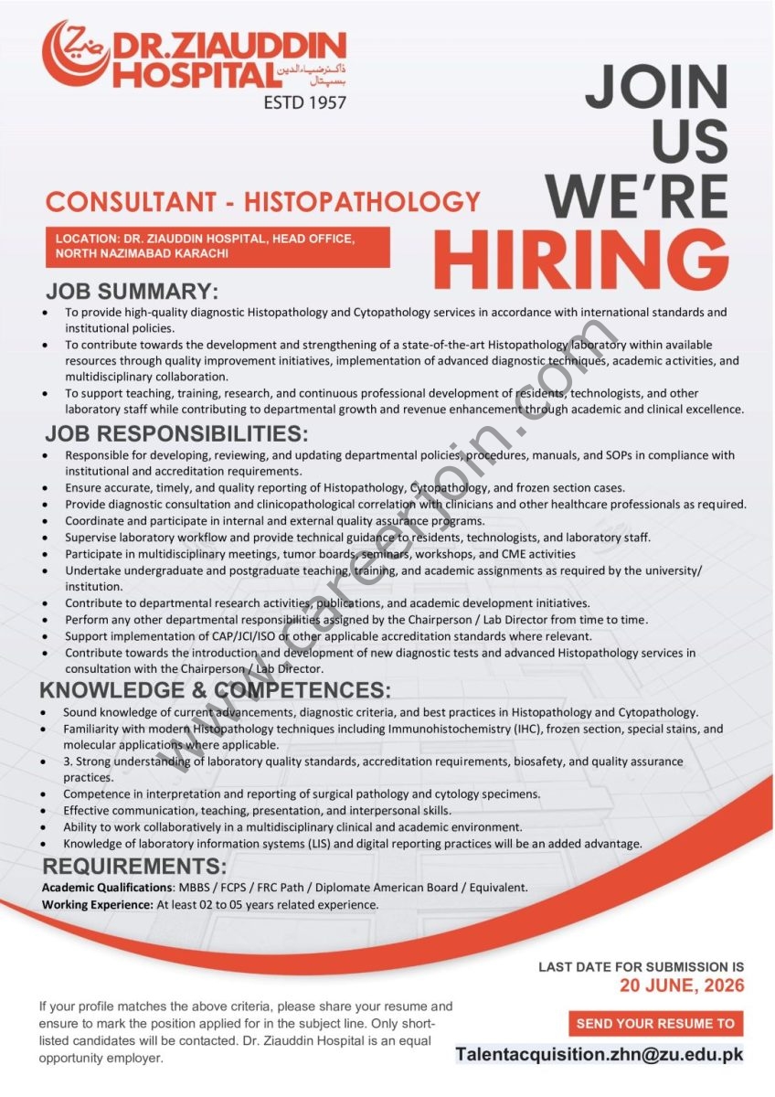 Dr Ziauddin Hospital Jobs Consultant Histopathology  1