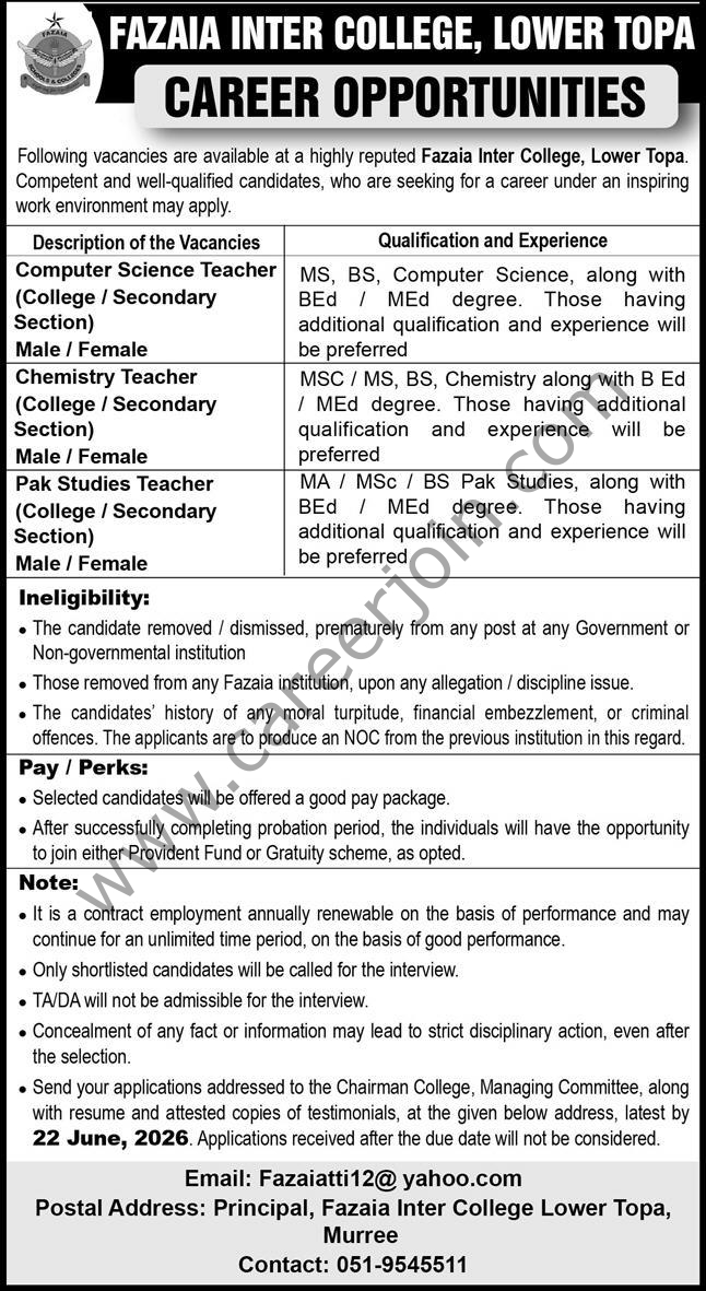 Fazaia Inter College Jobs 14 June 2026 Express 1