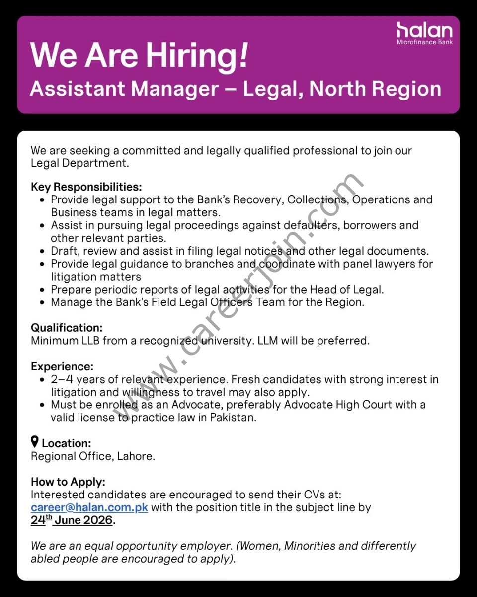 HALAN Microfinance Bank Jobs Assistant Manager Legal 1