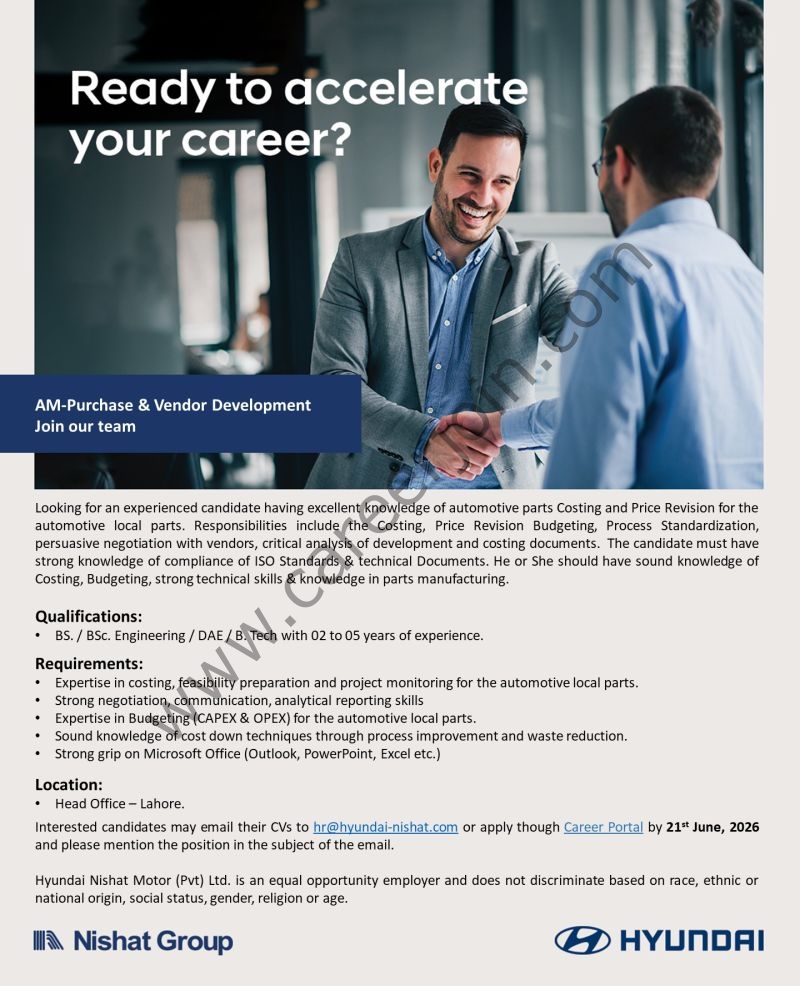 Hyundai Nishat Motor Pvt Ltd Jobs AM Purchase & Vendor Development 1