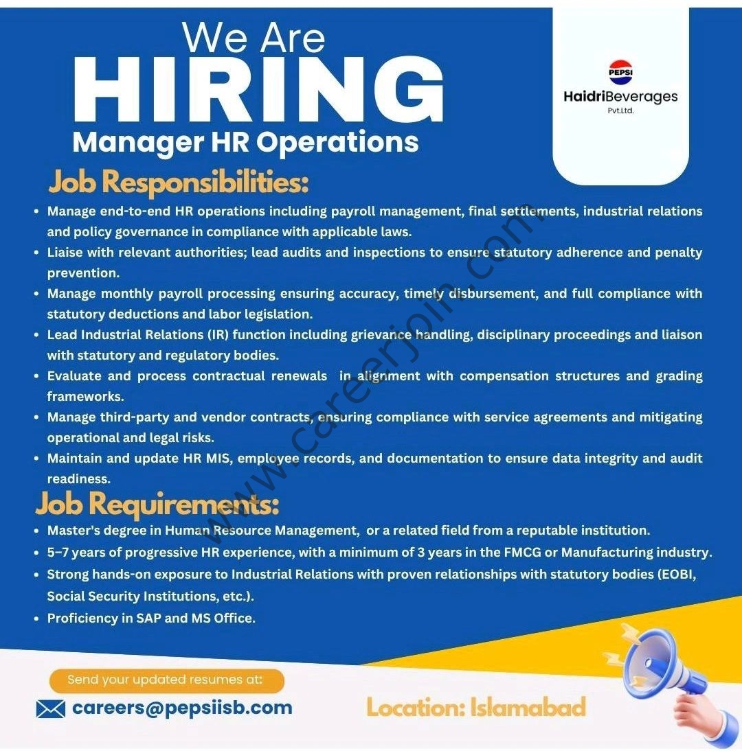PEPSI Haidri Beverages Pvt Ltd Jobs Manager HR Operations 1