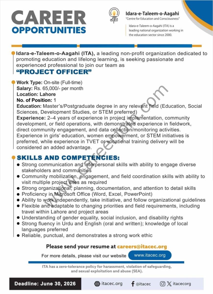 Idara-e-Taleem-o-Aagahi (ITA) Jobs Project Officer 1