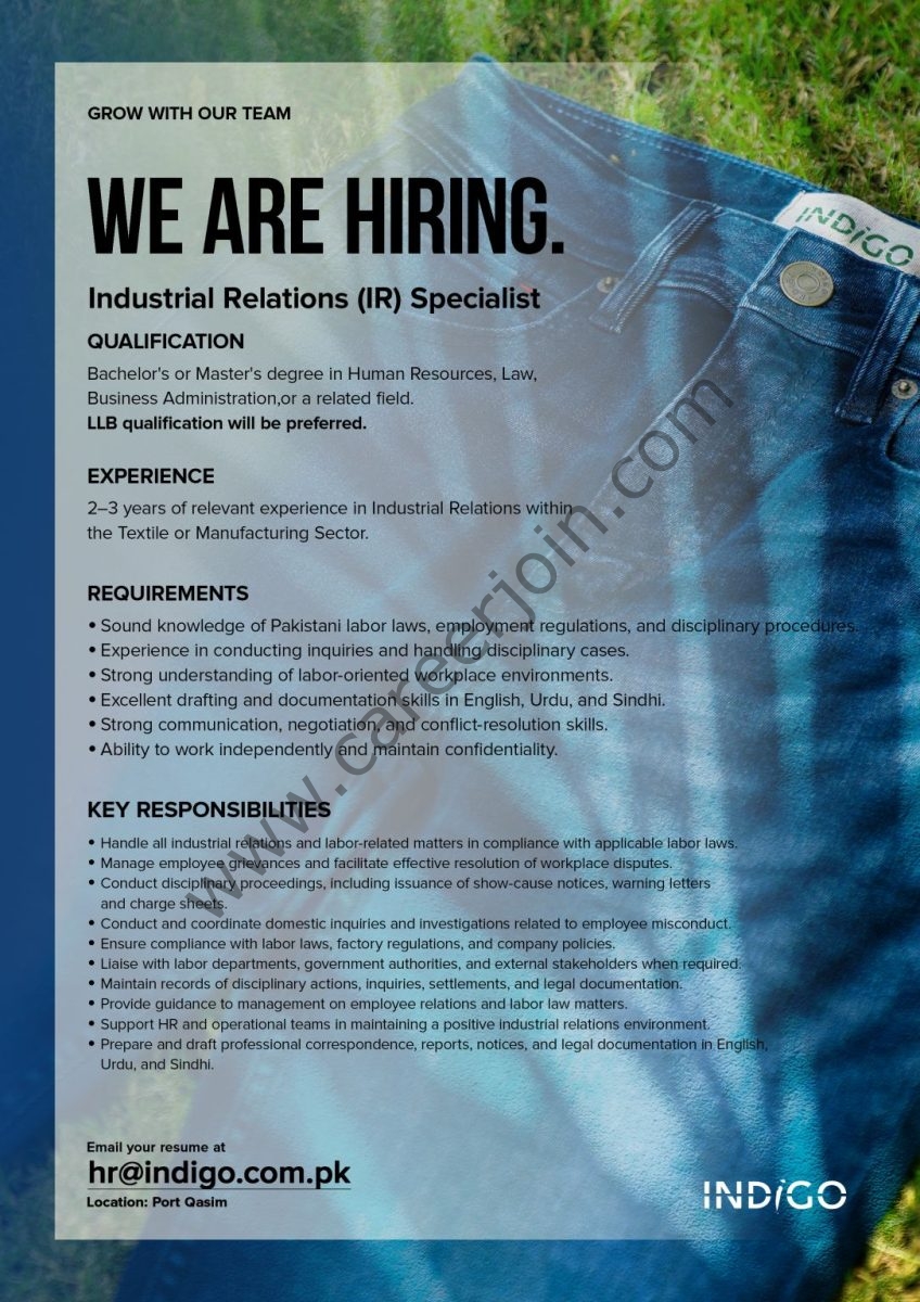 Indigo Textile Industries Limited Jobs Industrial Relations (IR) Specialist 1