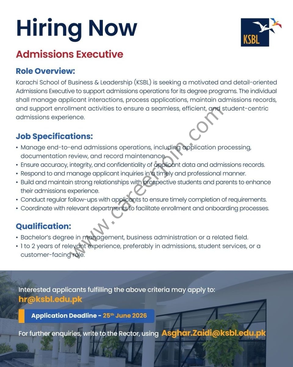 Karachi School of Business & Leadership (KSBL) Jobs Admissions Executive 1