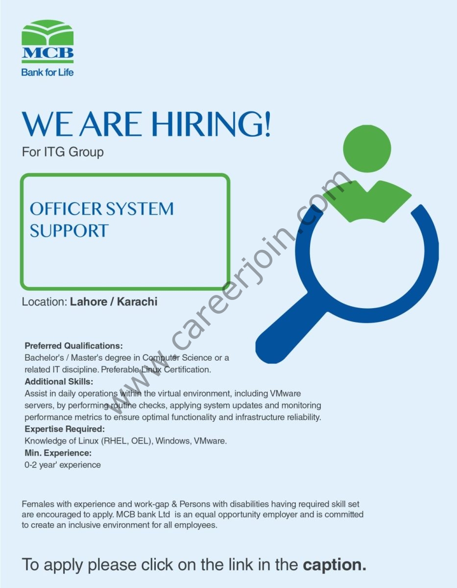 MCB Bank Limited Jobs Officer System Support 1