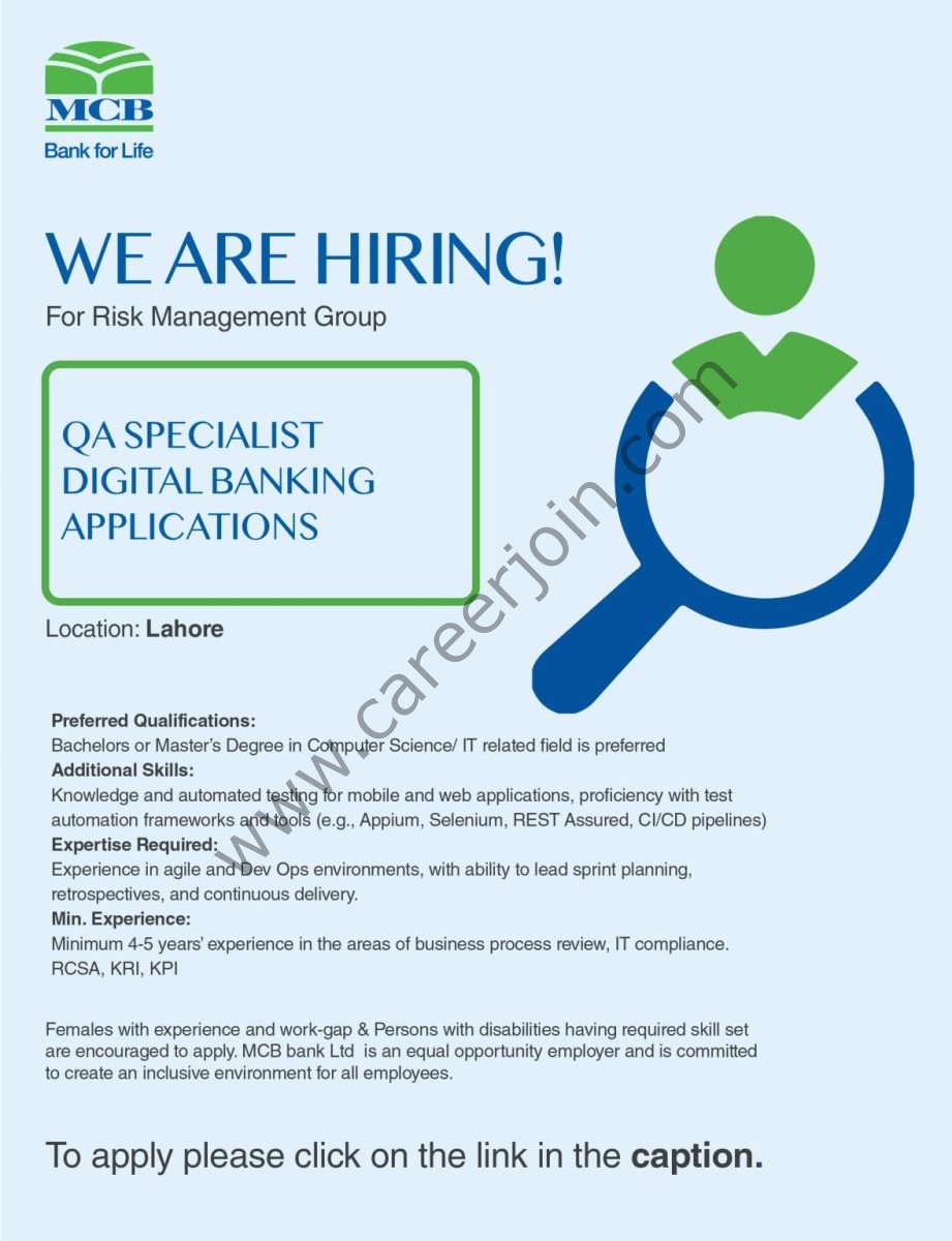 MCB Bank Limited Jobs QA Specialist Digital Banking 1