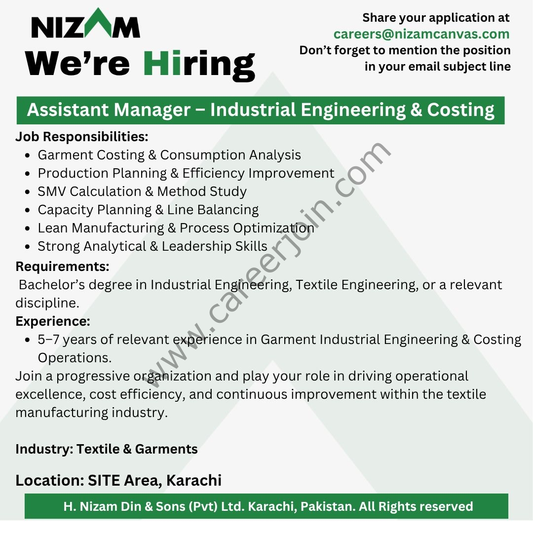 H Nizam Din & Sons Pvt Ltd Jobs Assistant Manager Industrial Engineering & Costing 1
