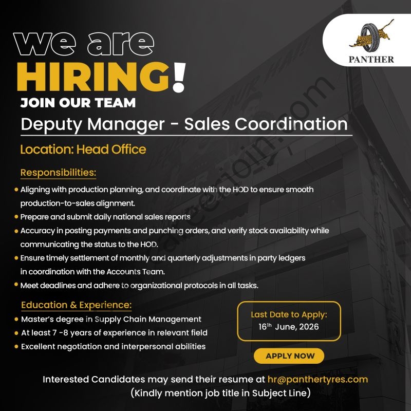 Panther Tyres Limited Jobs Deputy Manager Sales Coordination 1