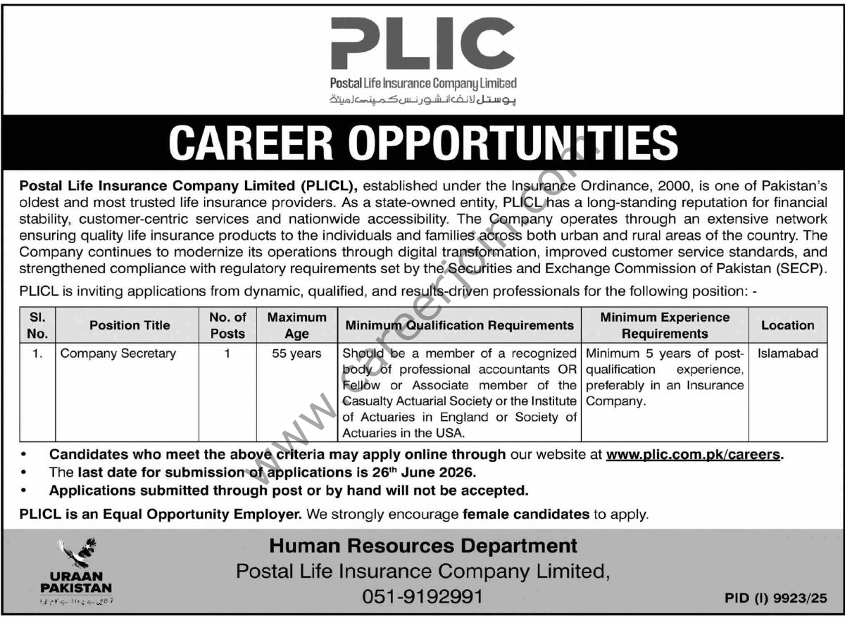 Postal Life Insurance Co Ltd PLICL Jobs 10 June 2026 Dawn 1