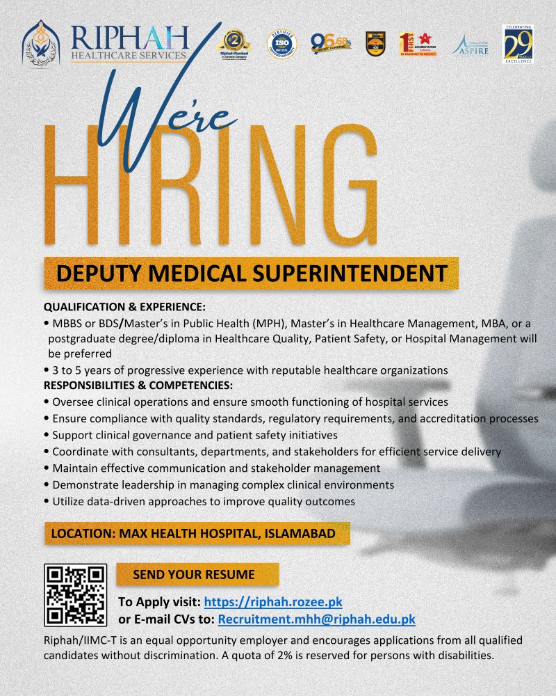 Riphah International University Jobs Deputy Medical Superintendent 1