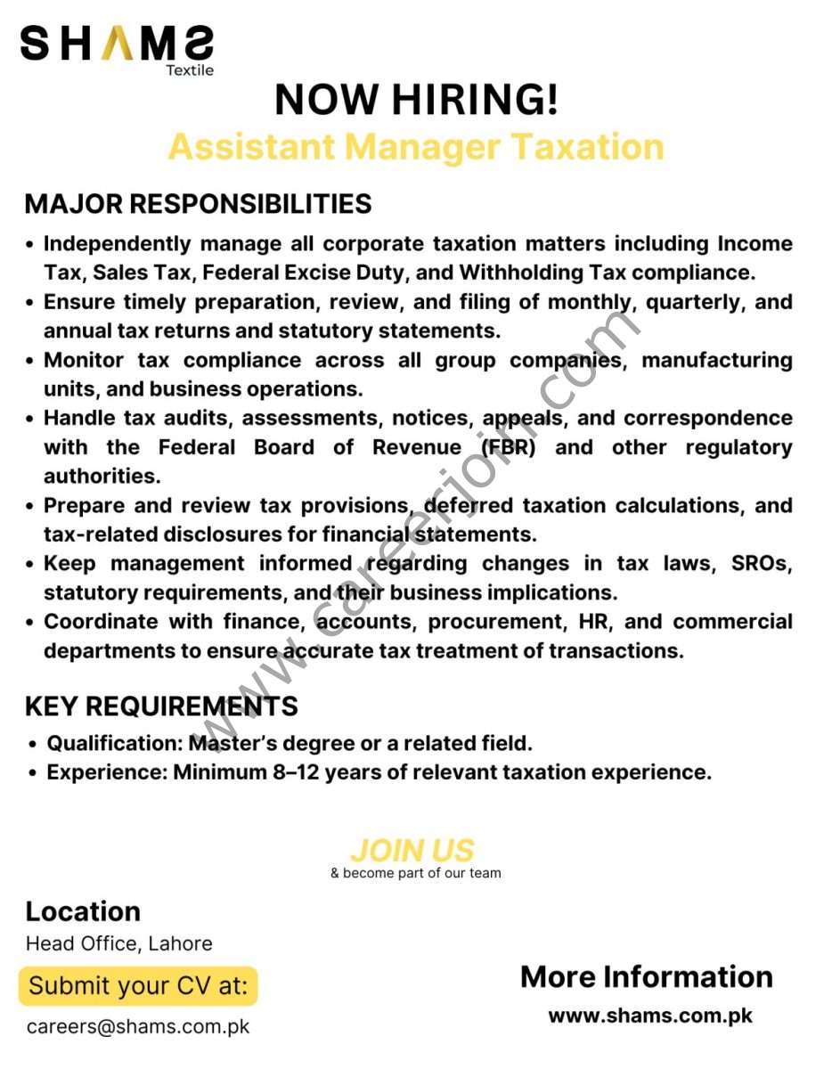 Shams Textile Mills Limited Jobs Assistant Manager Taxation  1