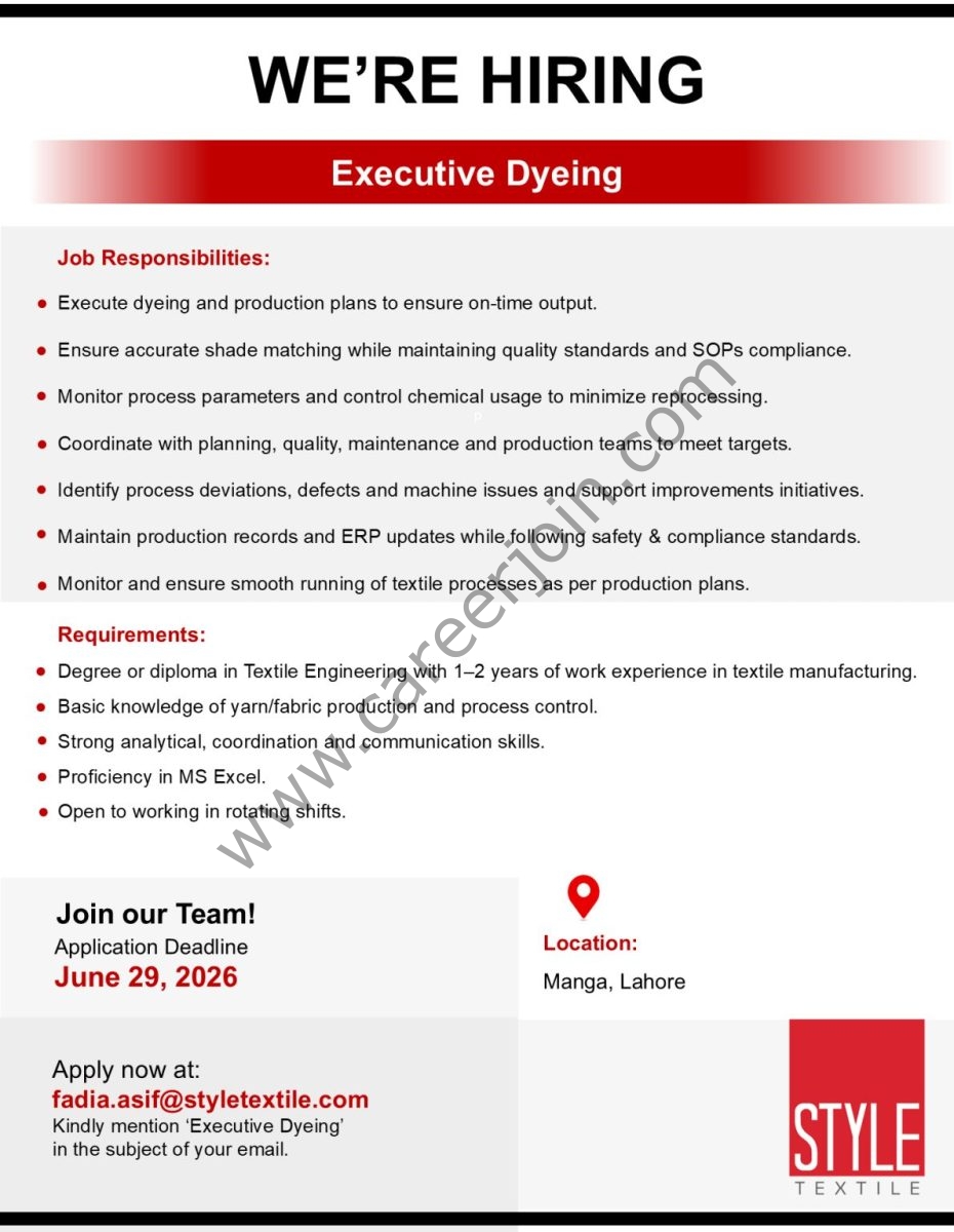 Style Textile Pvt Ltd Jobs Executive Dyeing  1