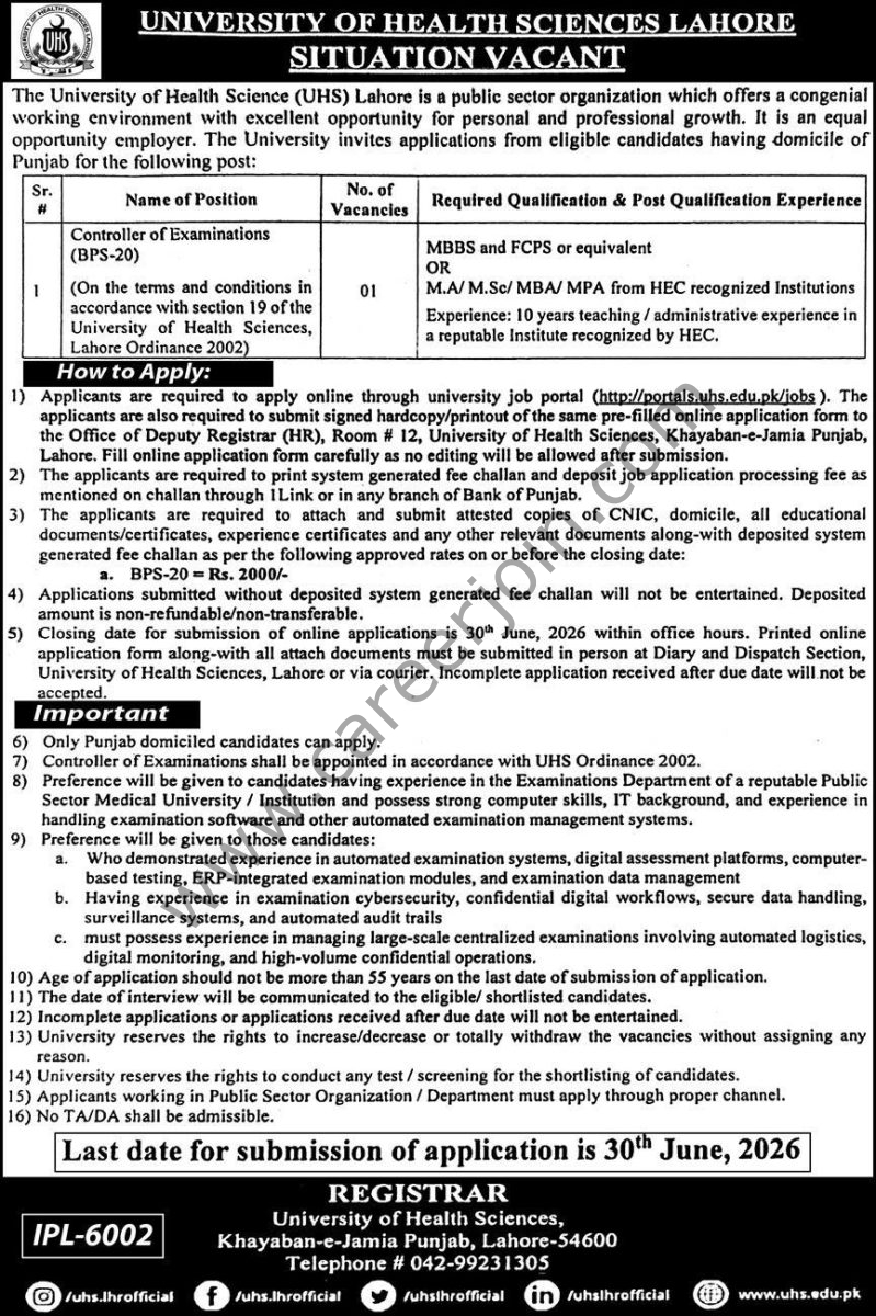 University of Health Science UHS Lahore Jobs 12 June 2026 Express 5