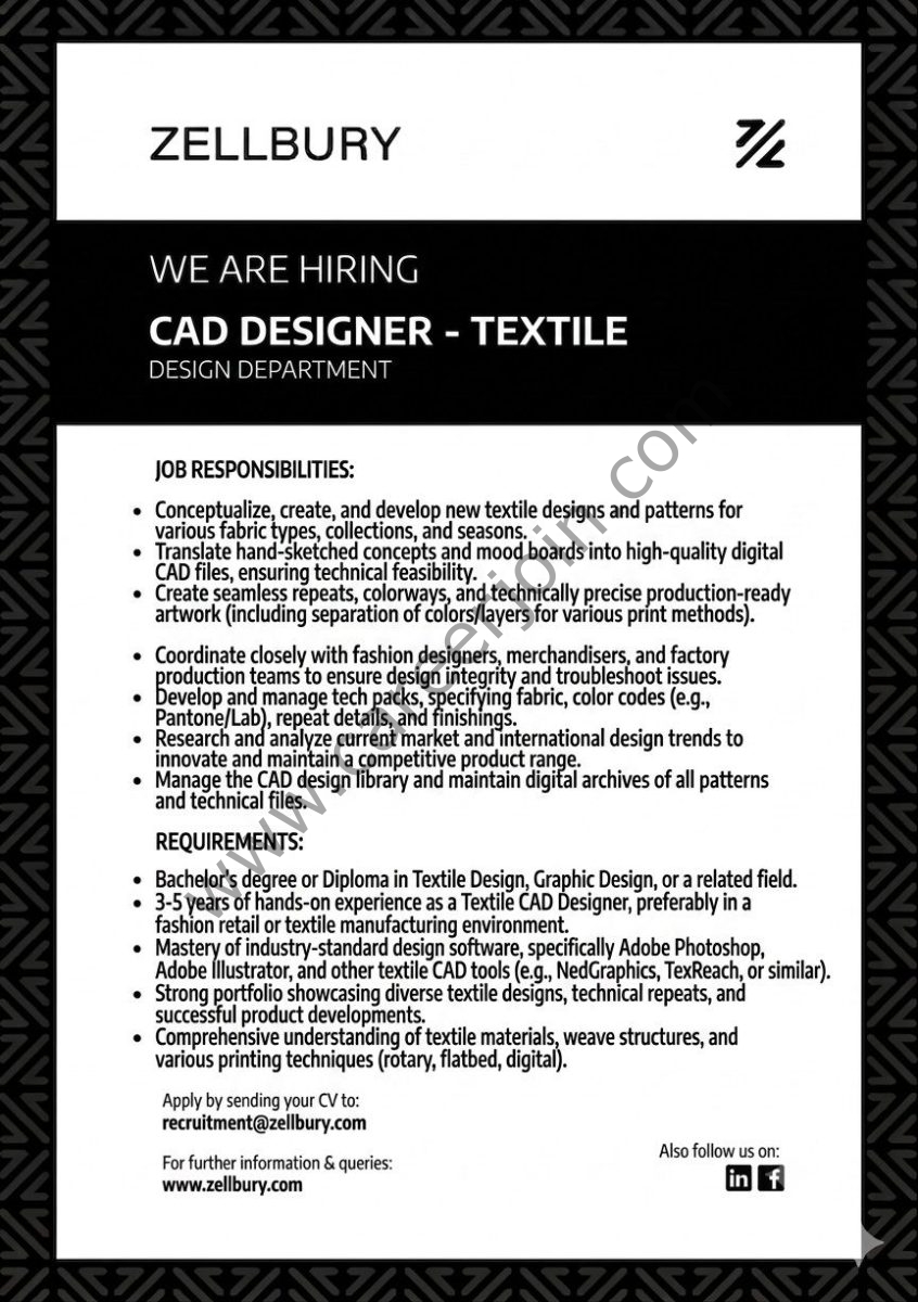 Zellbury Pakistan Jobs CAD Designer Textile  1