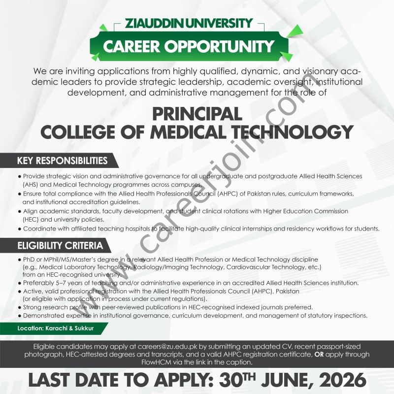 Ziauddin University Jobs Principal College of Medical Technology 1