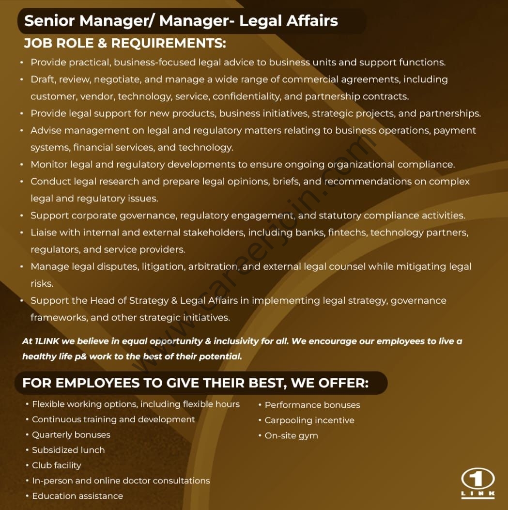1Link Pvt Ltd Jobs Senior Manager / Manager Legal Affairs 2