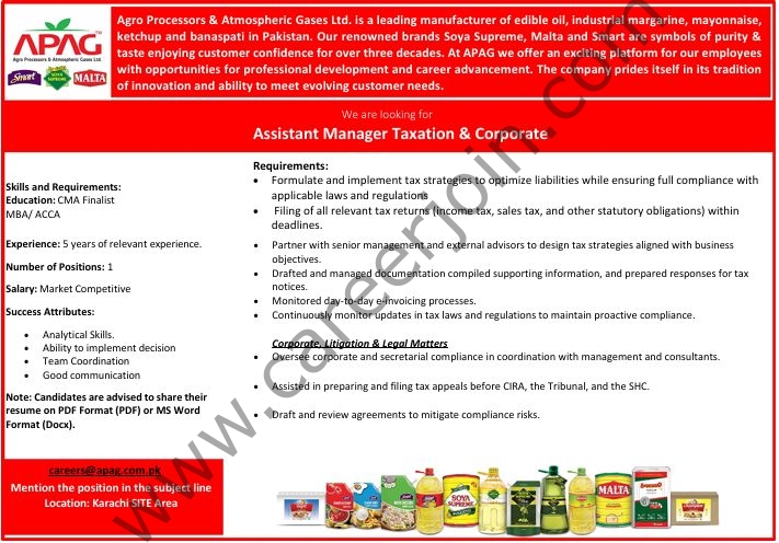 Agro Processor Atmospheric Gases Ltd (APAG) Jobs Assistant Manager Taxation & Corporate 1