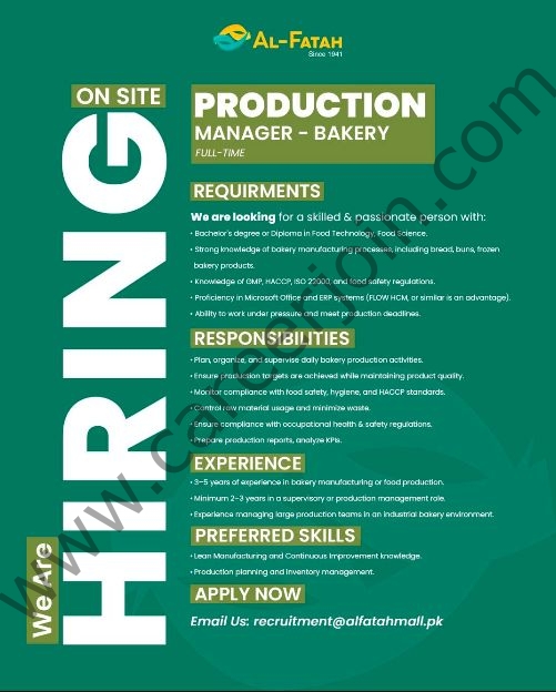 Al Fatah Shopping Malls Jobs Production Manager Bakery  1