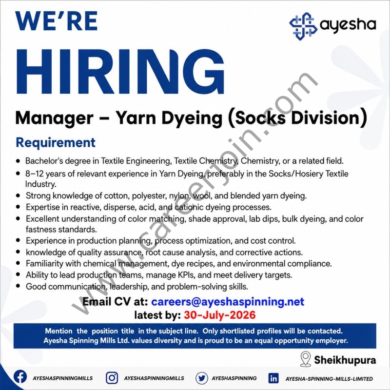 Ayesha Spinning Mills Limited Jobs Manager Yarn Dyeing 1