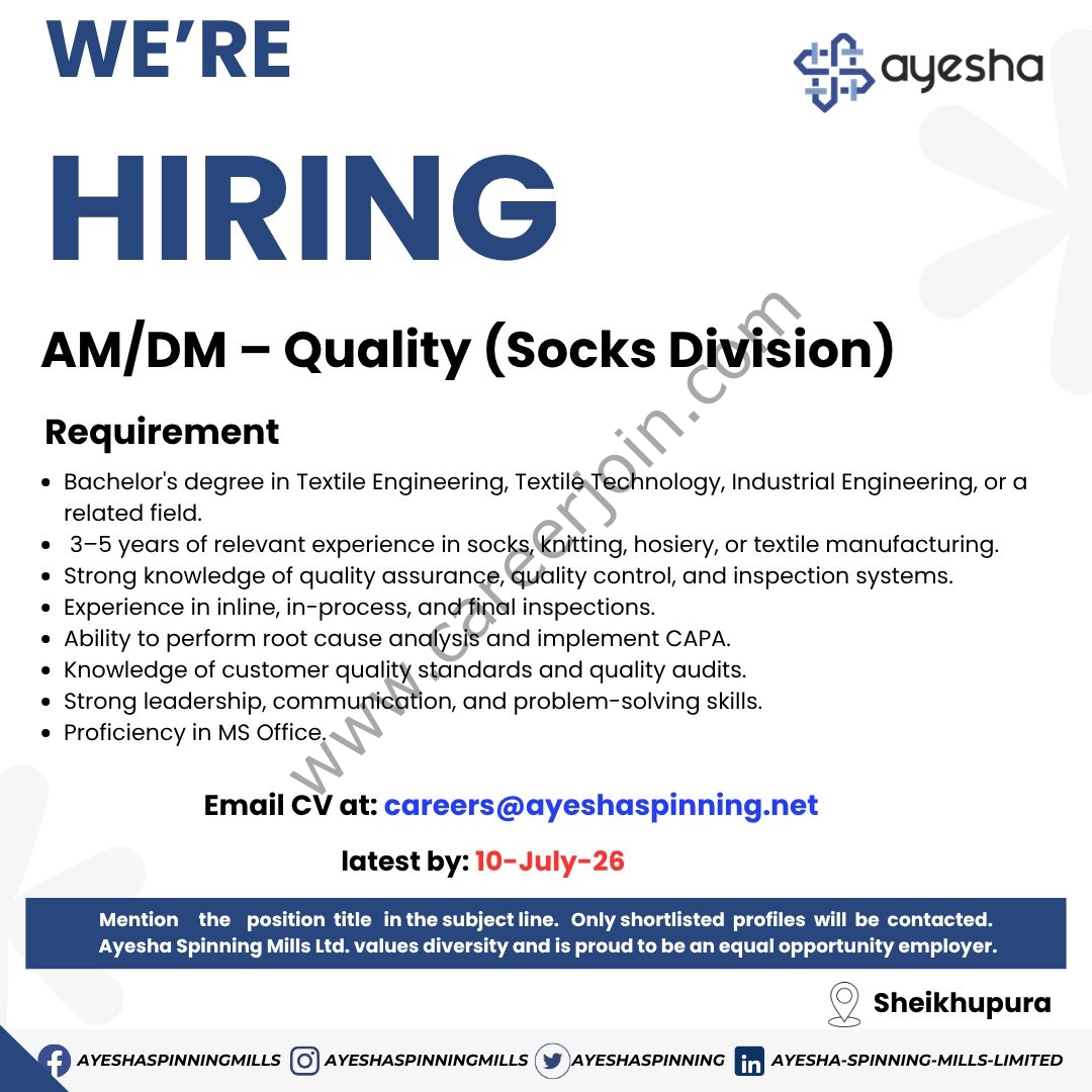 Ayesha Spinning Mills Pvt Ltd Jobs Assistant Manager / Deputy Manager Quality 1