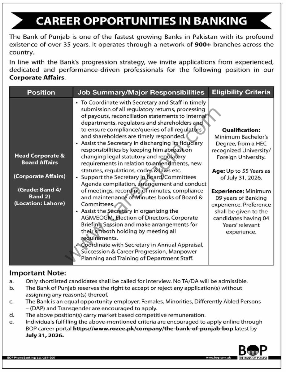 Bank Of Punjab BOP Jobs 16 July 2026 Dawn 1