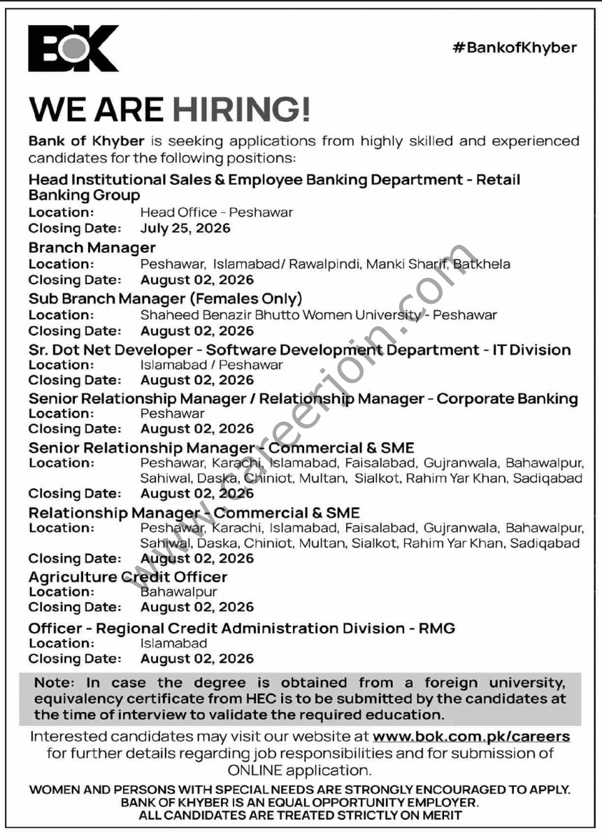 Bank of Khyber BOK Jobs 19 July 2026 Dawn 1