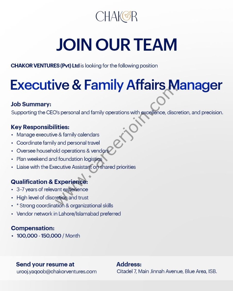 Chakor Ventures Pvt Ltd Jobs Executive & Family Affairs Manager 1