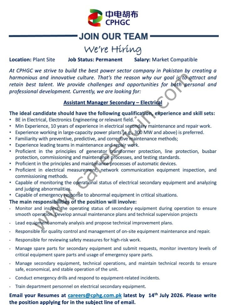 China Power Hub Generation Company CPHGC Jobs Assistant Manager Secondary Electrical 1