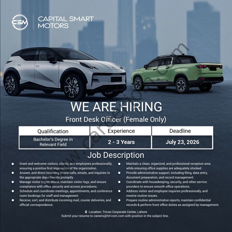 Capital Smart Motors Jobs Front Desk Officer 1