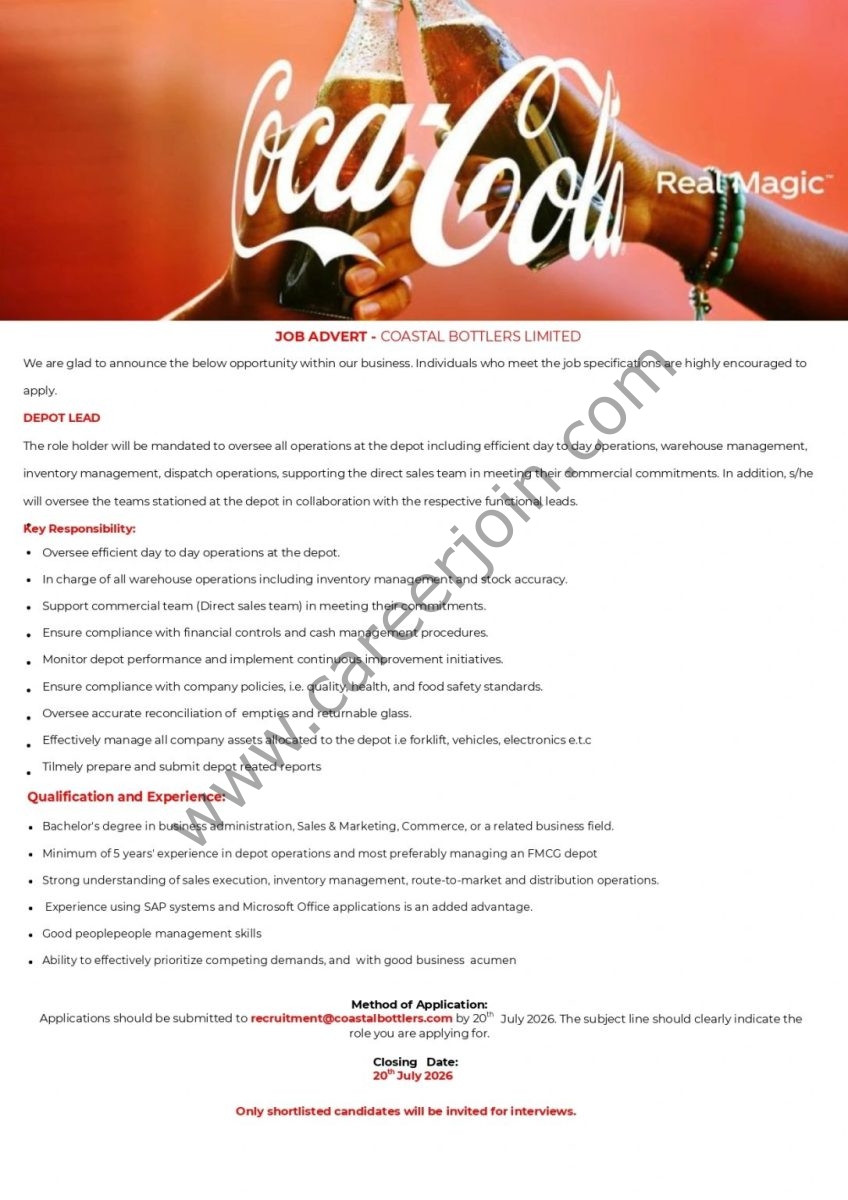 Coca Cola Coastal Bottlers Limited Jobs July 2026 2