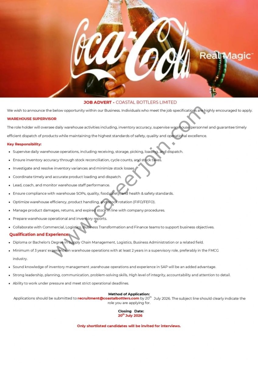 Coca Cola Coastal Bottlers Limited Jobs July 2026 1