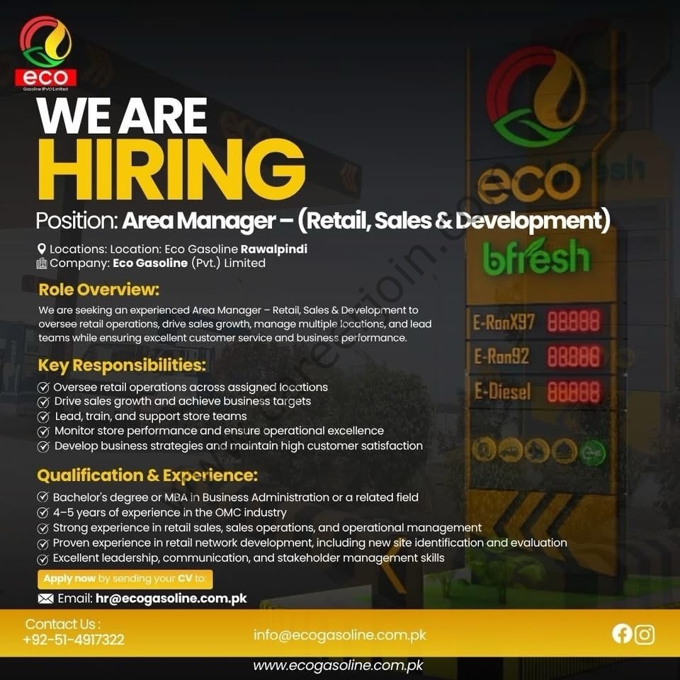 Eco Gasoline (Pvt) Limited Jobs Area Manager 1