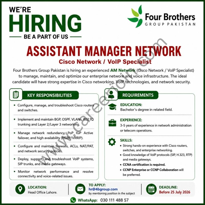 Four Brothers Group Pakistan Jobs Assistant Manager Network 1