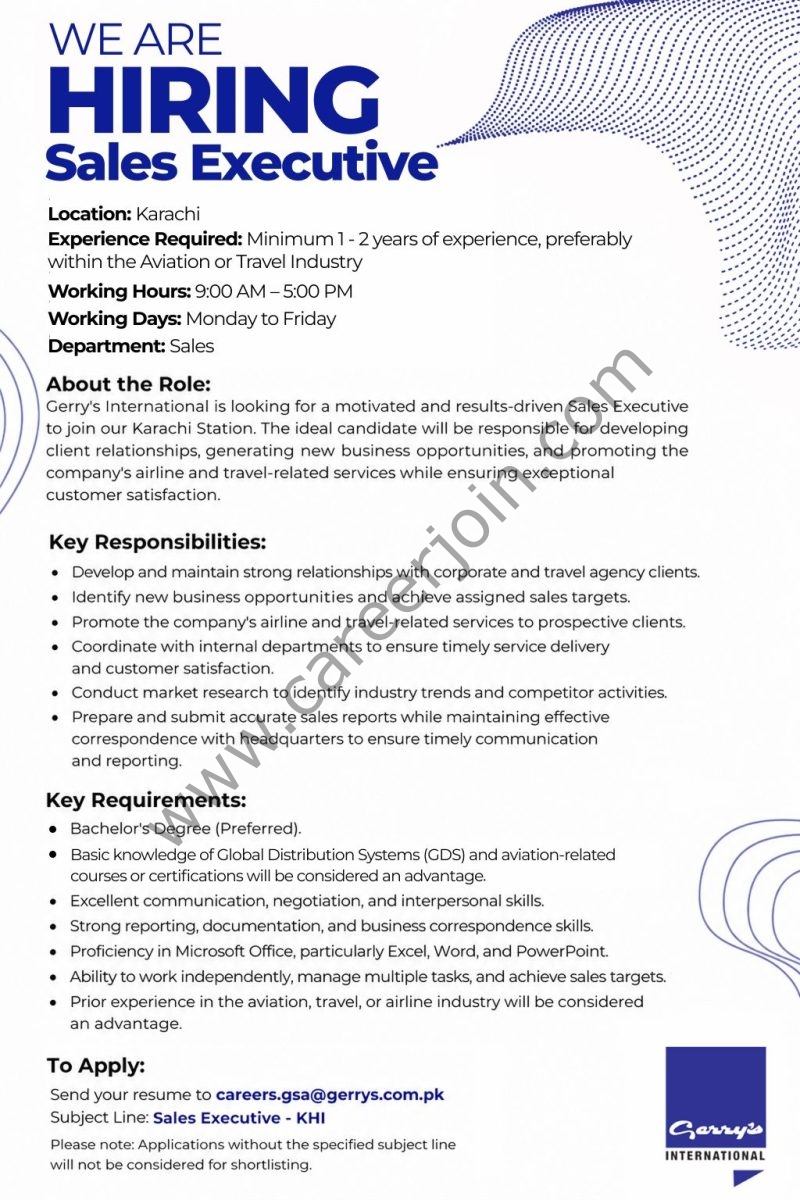 Gerry's International Pvt Ltd Jobs Sales Executive Airline Sales 1