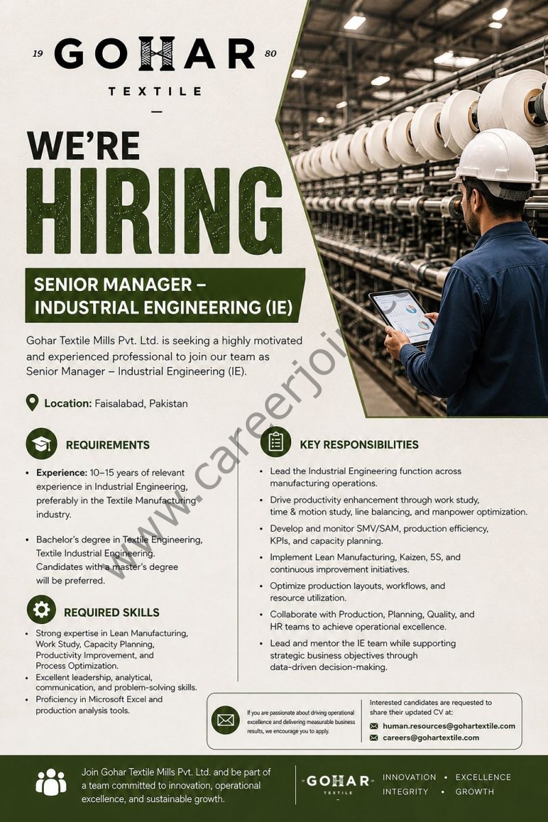 Gohar Textile Mills Pvt Ltd Jobs Senior Manager IE  1