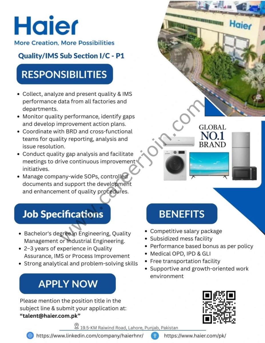 Haier Pakistan Jobs QMS/IMS Sub Sec I/C-P1 1