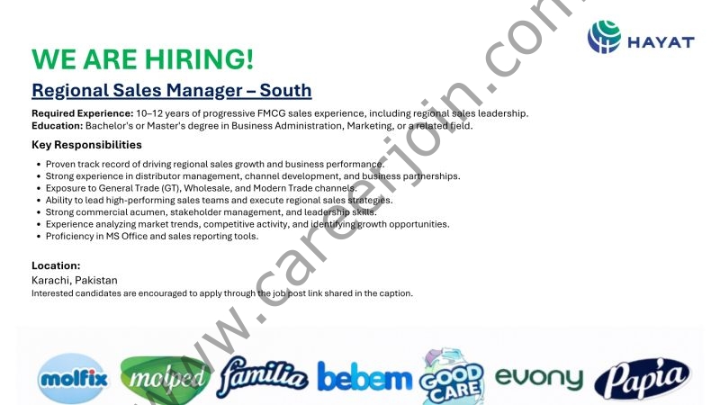 Hayat Kimya Pakistan Pvt Ltd Jobs Regional Sales Manager 1