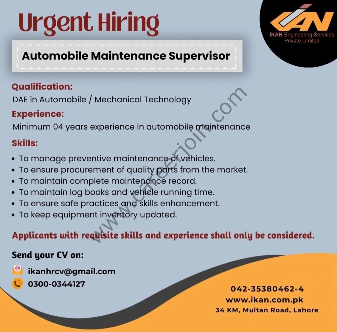 IKAN Engineering Services Pvt Ltd Jobs Automobile Maintenance Supervisor 1