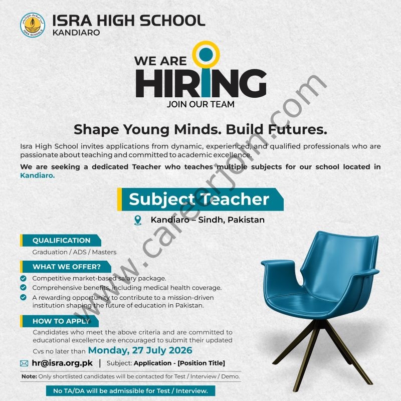 Isra High School Kandiaro Jobs Subject Teacher 1