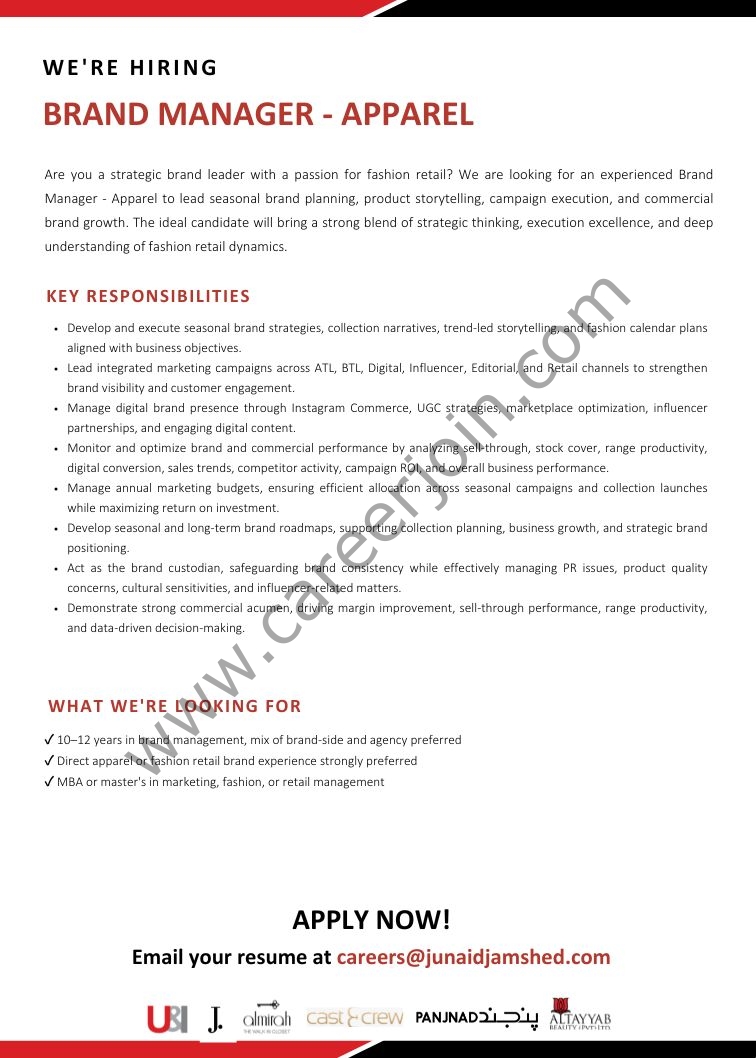 Junaid Jamshed Pvt Ltd Jobs Brand Manager Apparel 1