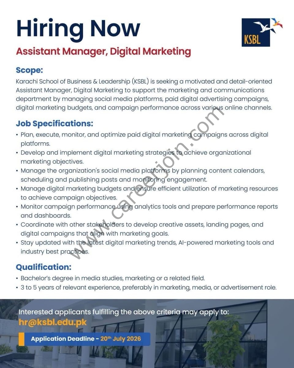 Karachi School of Business & Leadership (KSBL) Jobs July 2026 2
