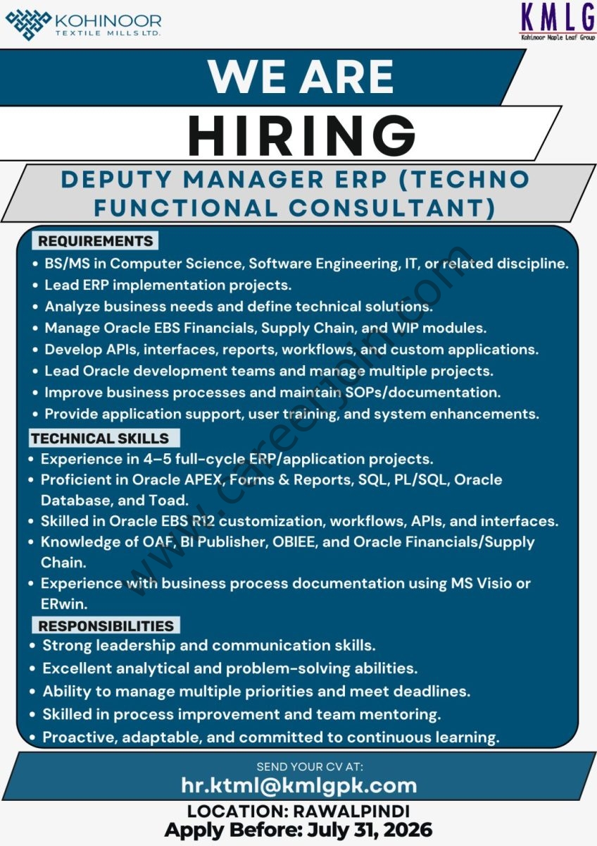 Kohinoor Textile Mills Limited Jobs Deputy Manager ERP 1