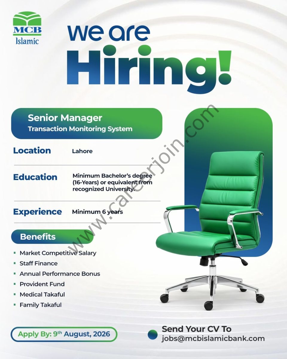 MCB Islamic Bank Jobs Sr Manager Transaction Monitoring System 1