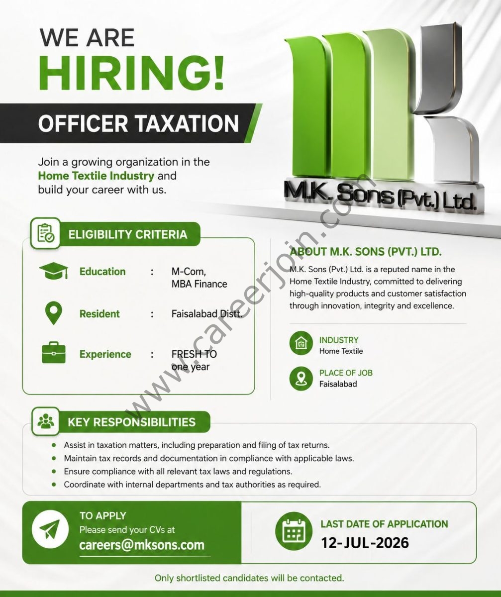 MK Sons Pvt Ltd Jobs Officer Taxation 1