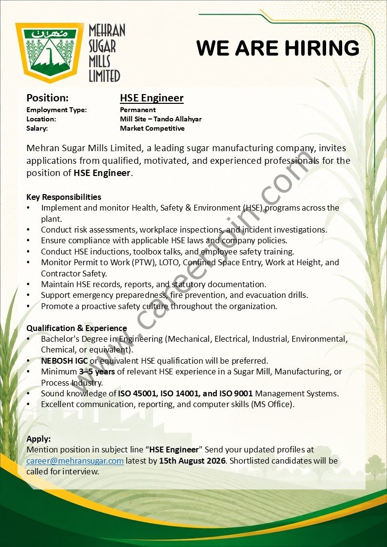 Mehran Sugar Mills Jobs HSE Engineer 1