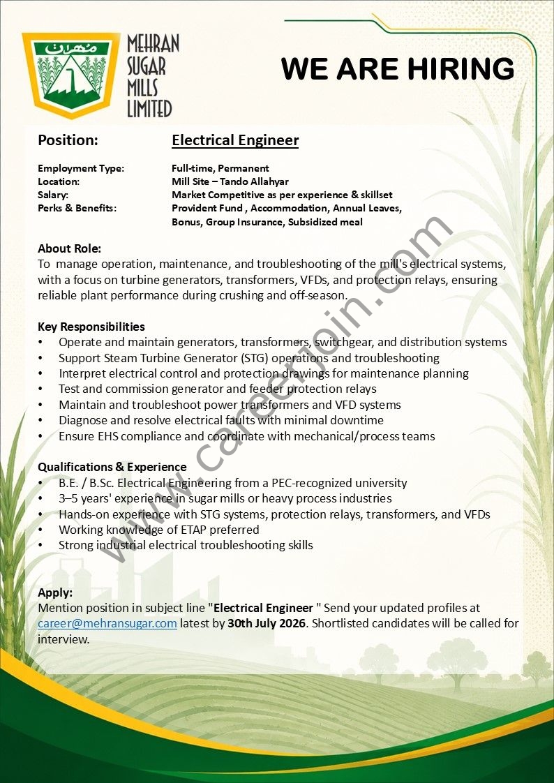 Mehran Sugar Mills Limited Jobs Electrical Engineer 1