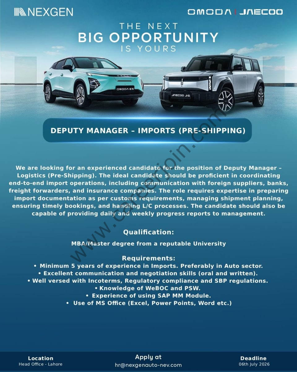 NEXGEN Auto Pvt Ltd Jobs Deputy Manager Imports (Pre-Shipping) 1